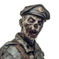 Military zombie stands menacingly against a transparent background with a haunting gaze and tattered uniform, Military zombie on transparent background png