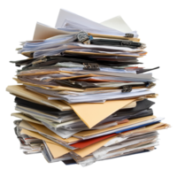 A disorganized pile of folders and paperwork on a table, reflecting a busy office environment in the afternoon, Pile of folders and paperwork png
