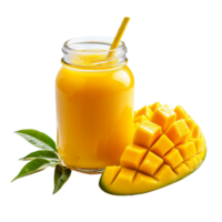 Fresh mango juice served in a jar beside sliced mango on a clean transparent background, Sweet mango juice in a glass jar on a transparent background png