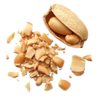 Crushed peanuts scattered alongside a partially opened shell on a transparent background in natural light, Peanut crushed into pieces over transparent background png