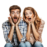 Excited couple expressing amazement while sitting together in a bright, isolated setting, happy amazed couple of young people, file of isolated object on transparent background png