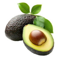 Fresh and ripe avocado halved to reveal the seed and vibrant green flesh with leaves, Avocado with seed png