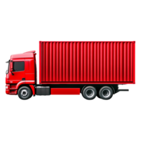 Bright Red Truck with Container in Side View on png