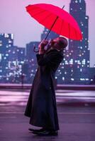 Mysterious Clown Performer with Red Umbrella in Urban Nightscape. photo