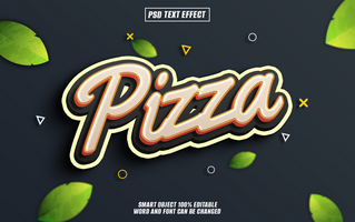 pizza text effect with green leaves on dark background. psd