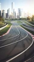 An empty track with a city skyline in the background photo