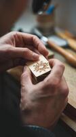 A person is working on a wooden block with a flower on it photo