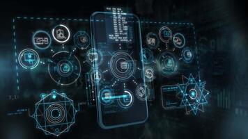 Futuristic interface with data analysis and business activities video