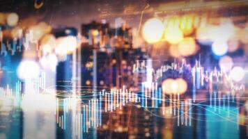 The digital space features an abstract flow of stock exchange data video