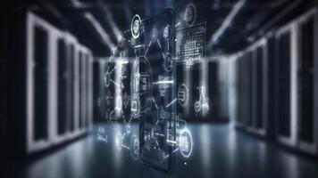 Smartphone showing interface connecting devices and data in server room video