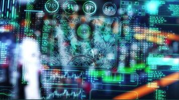 Futuristic head-up display showing city map and data analysis video