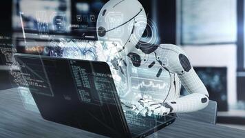 ai trabalhando com computador portátil e futurista do utilizador interface dentro escritório video