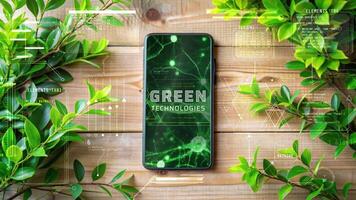 Green technologies being displayed on smartphone with leaves and code video