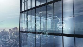 Infographics about cloud technologies on the background of a skyscraper. video