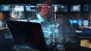 robô usando computador portátil com futurista hud interface e dados análise exibindo video