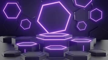 Black and purple neon luxury podium pedestal product display and hexagonal box background 3d rendering video