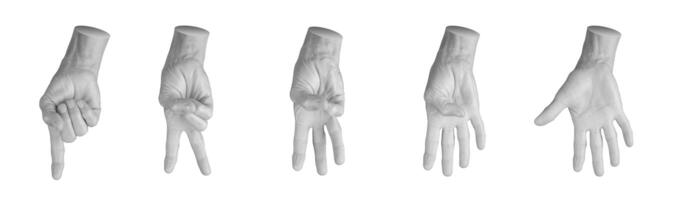 Set of elderly female hands displaying various counting gestures, including one to five, palm front photo