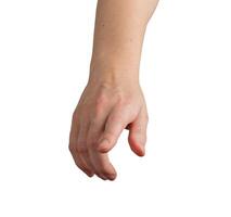 Female hand with index finger outstretched, pointing forward as if selecting or indicating something photo