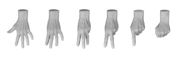 Set of elderly female hands displaying various counting gestures, including one to five, zero, and a photo
