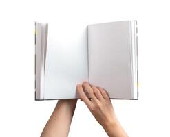 holding an open, blank book or notebook with both hands, showcasing the clean pages for reading or photo