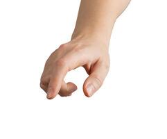 Female hand with index finger extended, slightly bent, pressing downward as if interacting with a photo