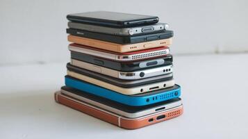 A stack of different cell phones on a white surface photo