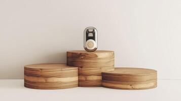 A wooden stand with a bottle of wine on top photo