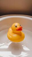 A rubber duck floating in a sink photo
