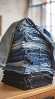 A stack of jeans on a wooden table photo