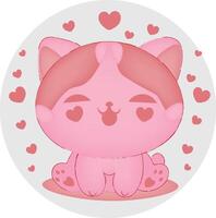 An illustration of an adorable pink cat with heart shaped eyes, radiating joy and affection. vector