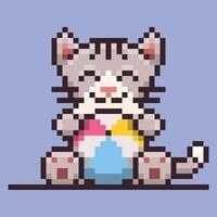 A pixel art illustration of a adorable cat or kitten sitting upright, holding a multicolored beach ball. The colorful beach ball, making the image fun and playful. vector