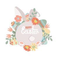 Happy easter. Spring flowers with the easter eggs and rabbit rear view on white background. Can be add text. Design for banner, poster, postcard. EPS10. vector