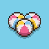 A playful pixel art illustration of three beach balls arranged in a heart shape against a solid light blue background, giving a cheerful and nostalgic summer vibe. vector