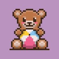 A pixel art illustration of a cute teddy bear sitting upright, holding a multicolored beach ball. The colorful beach ball, making the image fun and playful. vector