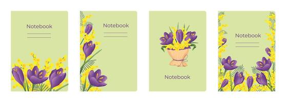 Set of cover designs for notebook, notepad, book, catalog with crocus and mimosa flowers. Vertical format A4, A5. vector