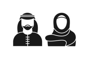 A simple black icon representing a Muslim couple in hijab and traditional attire, reflecting Islamic culture and Middle Eastern community values.Web vector