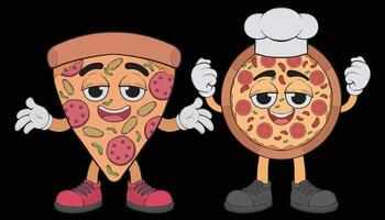 two pizza characters are holding hands and smiling vector