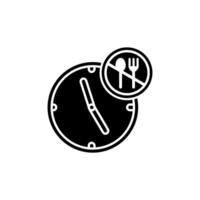 A black and white clock with a fork and spoon icon vector