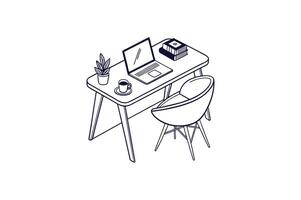 A workspace setup with a laptop and chair on a desk line art illustration vector