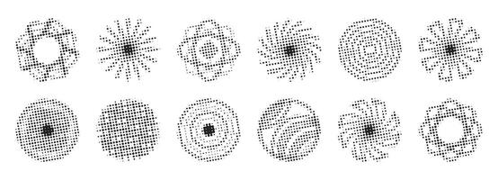Black dotted halftone circle set, trendy vintage round shapes, retro radial forms, grunge effect monochrome gradients, modern abstract backgrounds vector