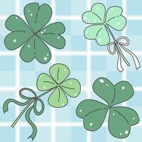 Stylish shamrock leaves Four leaves against a light blue checkered background. Two shamrock leaves have delicate bows tied to the stem. Shamrock leaves are rendered in shades of green. vector