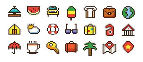 Pixel travel icons set with colorful symbols of tourism and vacation destinations in a minimalistic styleand isolated on a white background. vector