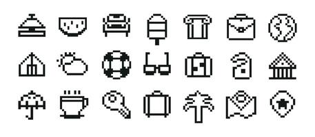 Pixel travel icons set featuring black and white symbols of tourism and vacation destinations in a minimalistic style, isolated on a white background. vector
