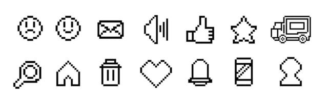 Black and white 8-bit outline pixel art icons for website and mobile user interfaces. Icon set in a minimalist style. vector