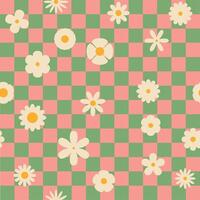 Seamless retro groovy checkered pattern with floral elements. Perfect for fabric, wrapping paper, wallpaper, and fashion prints vector