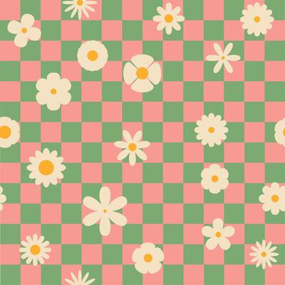 Seamless retro groovy checkered pattern with floral elements. Perfect for fabric, wrapping paper, wallpaper, and fashion prints