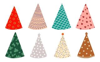Set of birthday caps with different patterns. Cute colorful hats for greeting cards, stickers, designs. Carnival paper hat. Party cone. vector