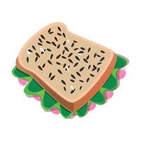 Brown hand drawn illustration of rectangular piece of bread with seeds and pork and salad isolated on white background vector