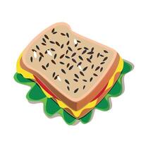 Brown hand-drawn illustration of rectangular piece of bread with seeds and sausage cheese lettuce isolated on a white background vector