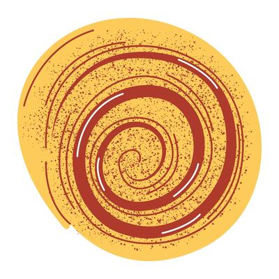 Cinnamon roll, classic pastry for snack, breakfast. Illustration, flat hand drawn style with texture. Baked food for sticker, bakery, cafe shop, eatery. Isolated background, top view